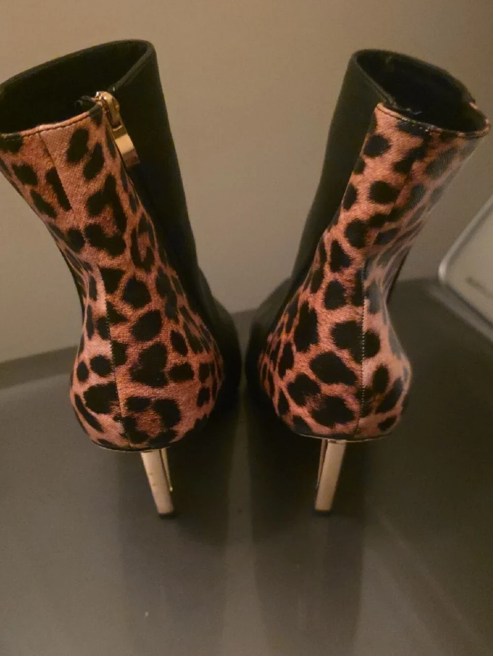 Women's Black Pointed Ankle Boots with Leopard Side Panel